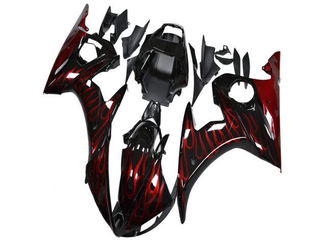 Carénage Moto Yamaha YZF R6 2003-2004 - Noir Brillant Rouge Flamme