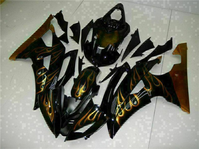 Carénages Moto Yamaha YZF R6 2008-2016 - Noir Brillant Or Flamme