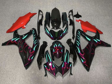 Meilleurs Carénages Moto Suzuki GSXR 600 / GSXR 750 2008-2010 - Noir Brillant Rouge Cyan Flamme