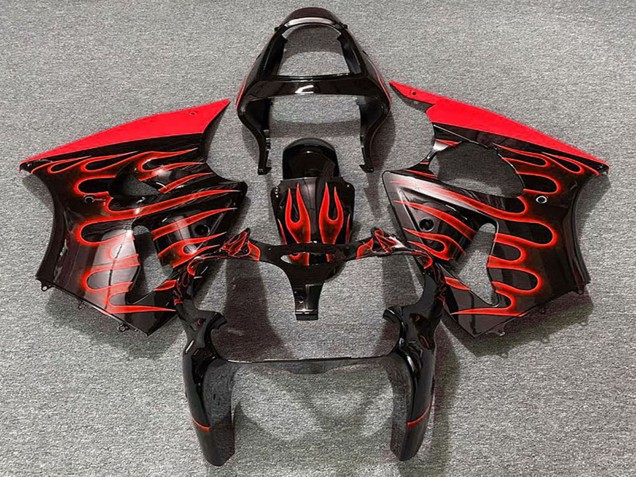 Carénages Moto Kawasaki ZX6R 2000-2002 - Noir Brillant Rouge Flamme