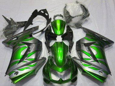 Meilleurs Carénages Moto Kawasaki Ninja 250 2008-2012 - Argent Vert Flamme