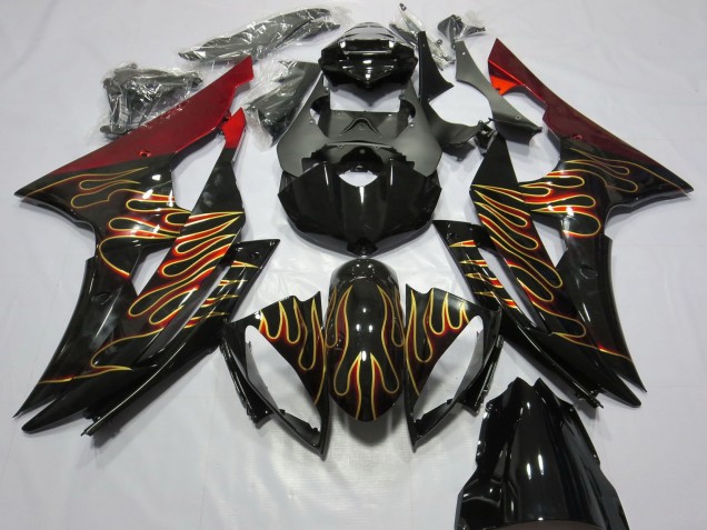Carénages Moto Yamaha R6 2008-2016 - Rouge Noir Brillant Or Flamme