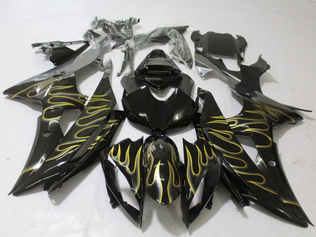 Carénages Moto Yamaha R6 2008-2016 - Noir Brillant Or Flamme