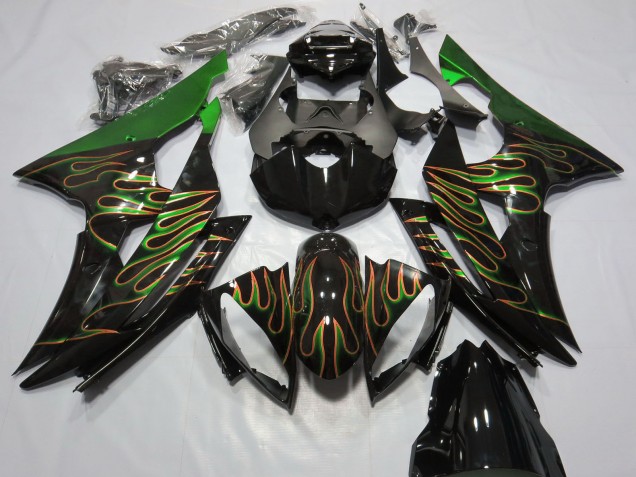 Carénages Moto Yamaha R6 2008-2016 - Vert Noir Brillant Or Flamme