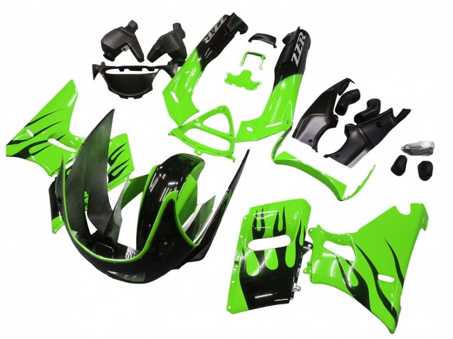 Carénages Moto Kawasaki ZZR400 1993-2007 - Vert Noir Brillant Flamme