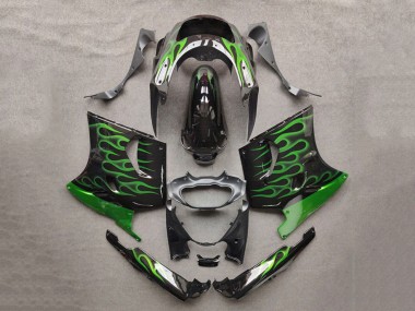 Meilleurs Carénages Moto Kawasaki ZZR1100 1993-2003 - Noir Brillant Vert Flamme