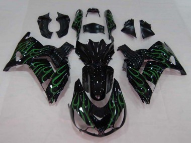 Meilleurs Carénage Moto Kawasaki ZX14R ZZR1400 2006-2011 - Noir Brillant Vert Flamme