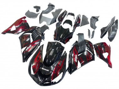 Meilleurs Kits Carénage Moto Kawasaki ZX14R ZZR1400 2006-2011 - Noir Brillant Rouge Flamme