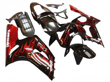 Meilleurs Carénages Moto Kawasaki ZX6R 2003-2004 - Noir Brillant Rouge Flamme