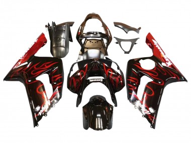 Meilleurs Carénages Moto Kawasaki ZX6R 2003-2004 - Noir Brillant Rouge Flamme