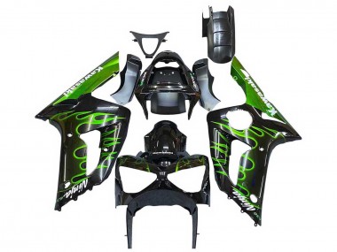 Meilleurs Carénages Moto Kawasaki ZX6R 2003-2004 - Noir Brillant Vert Flamme