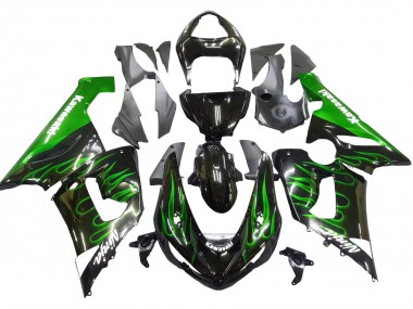 Meilleurs Carénage Moto Kawasaki ZX6R 2005-2006 - Noir Brillant Vert Flamme