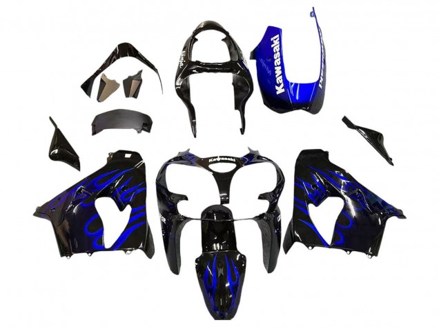 Carénages Moto Kawasaki ZX9R 2000-2001 - Noir Brillant Bleu Flamme Blanc