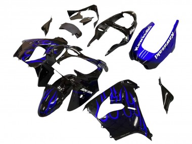 Meilleurs Carénages Moto Kawasaki ZX9R 2000-2001 - Noir Brillant Bleu Flamme Blanc