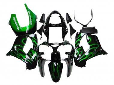 Meilleurs Carénages Moto Kawasaki ZX9R 2000-2001 - Noir Brillant Vert Flamme Blanc