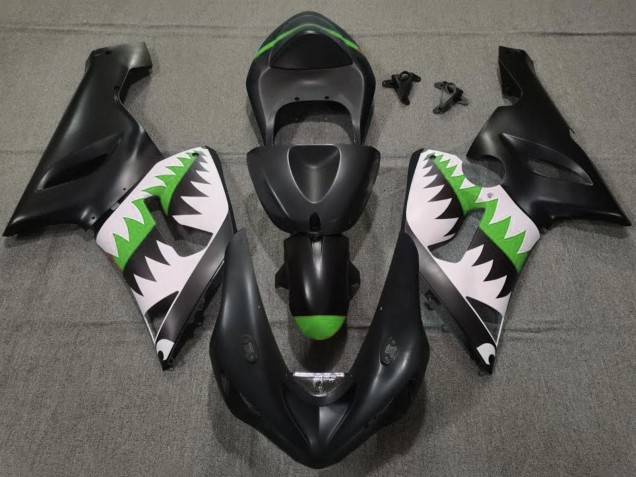 Carénages Moto Kawasaki ZX6R 2005-2006 - Noir Mat Blanc Vert Requin