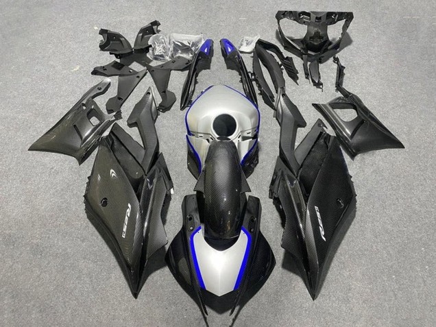 Carénages Moto Yamaha YZF R3/R25 2019-2021 - Noir Fibre de Carbone Style Argent Bleu