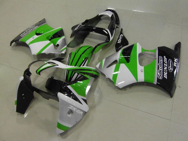 Carénages Moto Kawasaki ZX6R 2000-2002 - Blanc Vert Noir Brillant Bande Silkolene Dunlop