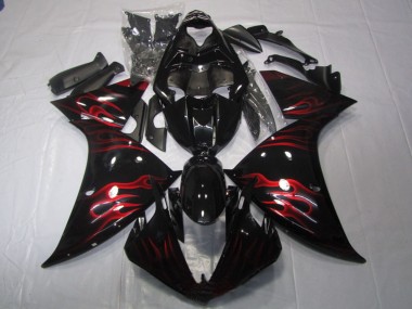 Meilleurs Carénage Moto Yamaha YZF R1 2009-2011 - Noir Brillant Rouge Flamme