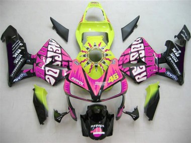 Meilleurs Carénages Moto Honda CBR600RR 2003-2004 - Jaune Rose Noir Brillant Valentino Rossi
