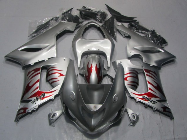 Carénages Moto Kawasaki ZX6R 2005-2006 - Argent Rouge Flamme Ninja