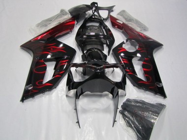 Meilleurs Carénage Moto Kawasaki ZX6R 2003-2004 - Noir Brillant Rouge Flamme