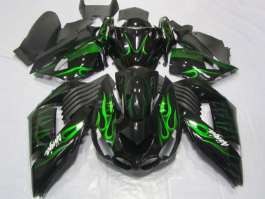 Meilleurs Carénages Moto Kawasaki ZX14R ZZR1400 2006-2011 - Noir Brillant Vert Flamme
