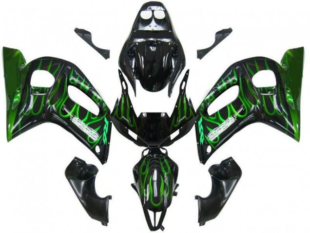 Carénage Moto Yamaha R6 1998-2002 - Noir Vert Flamme Carénage Moto Yamaha R6 1998-2002 - Noir Vert Flamme